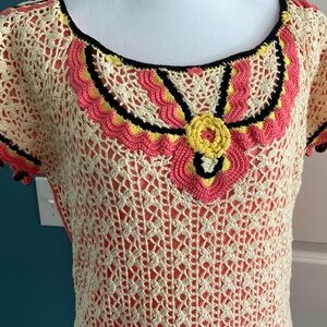 Gaby & Eden coral, cream bohemian crochet top, XL, very cute